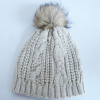 acrylic cable hat with fake fur pompom