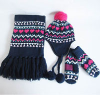 girl's jacquard scarf,hat and mitten set
