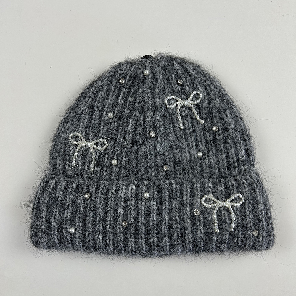 knitted beanie with bow trim