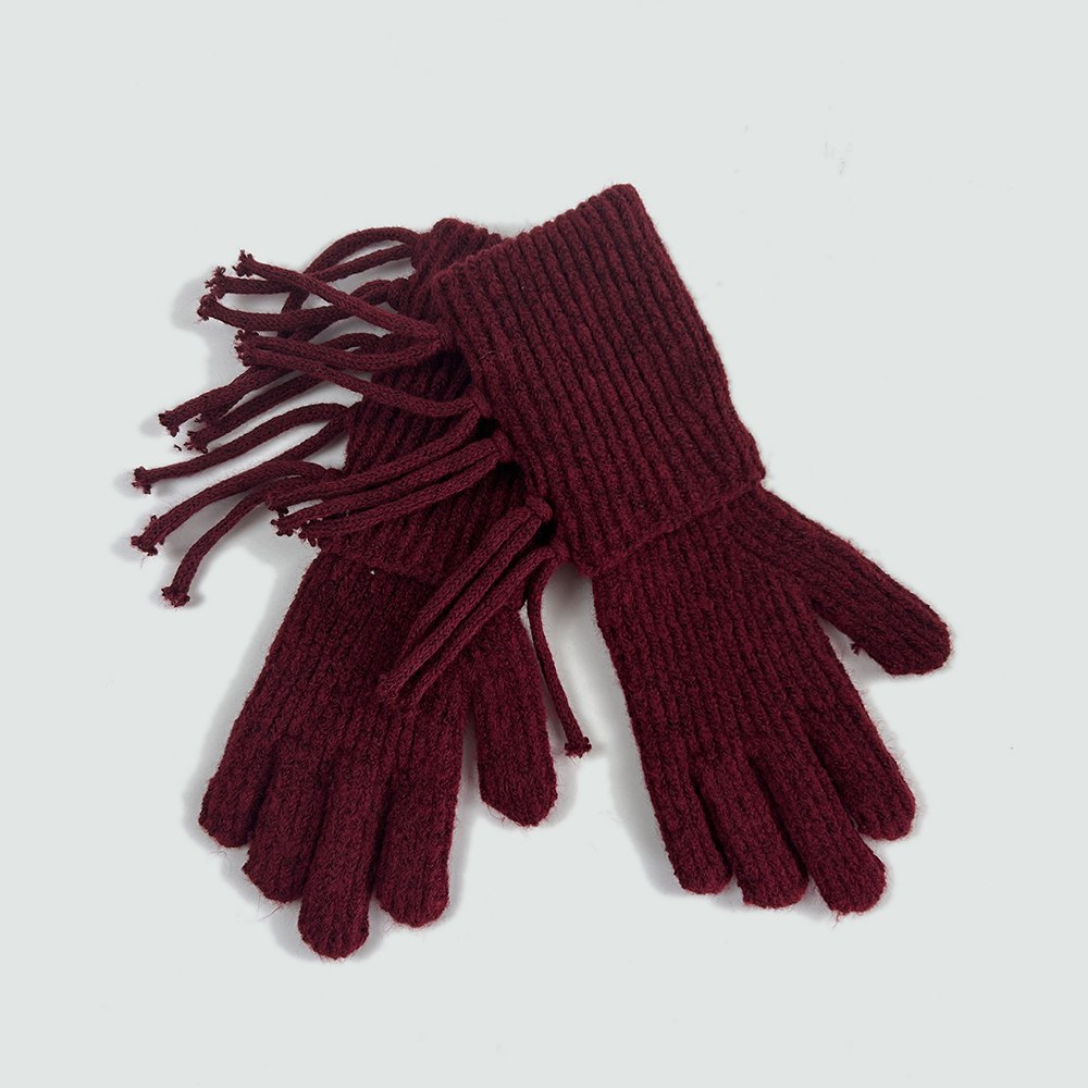 knitted gloves with fringe trim