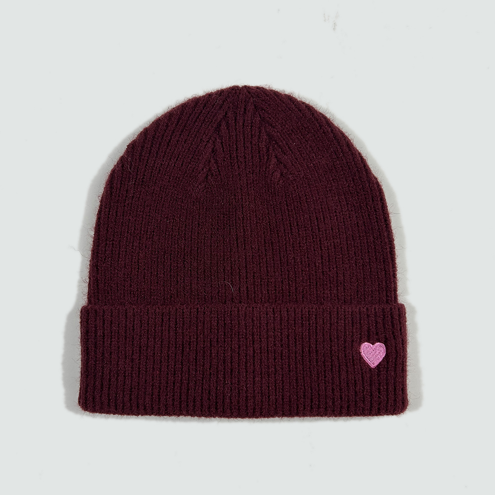 knitted beanie with heart trim